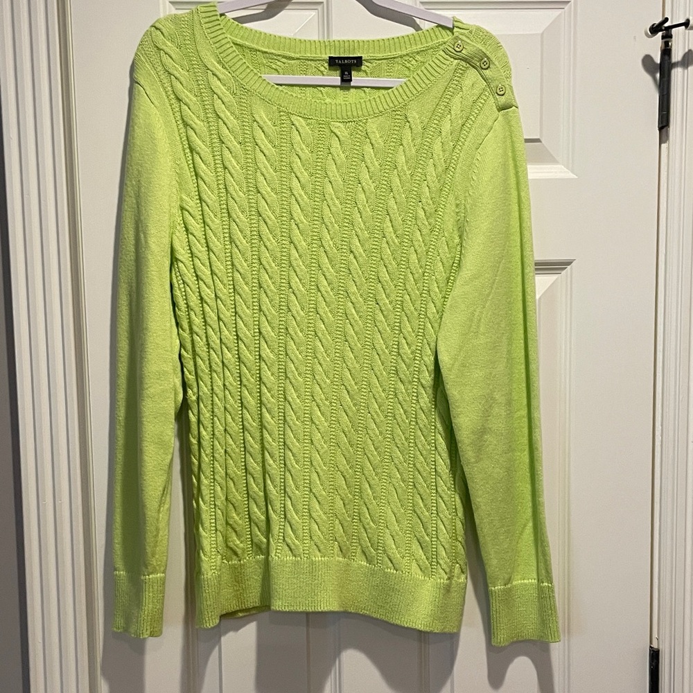 Talbots Bright Lime Cable-Knit Crewneck Sweater with Shoulder Buttons